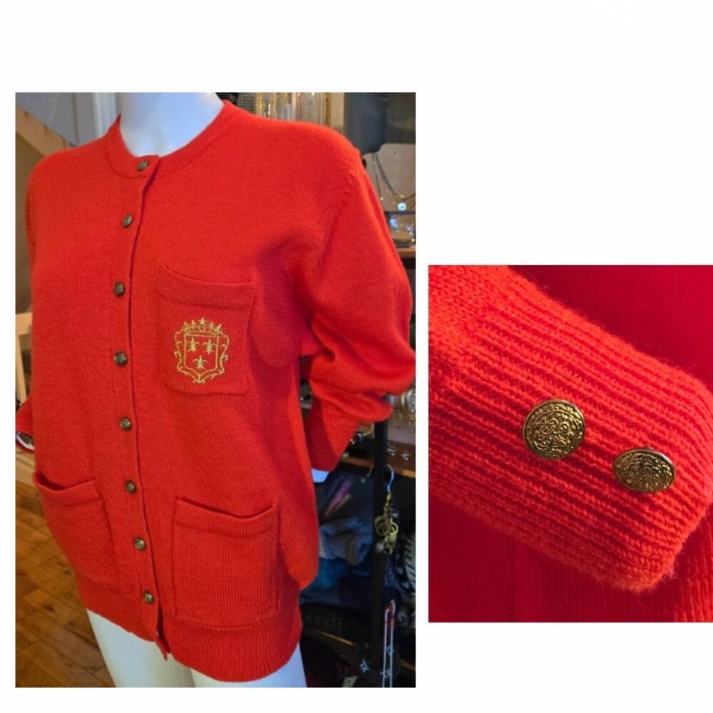 Vintage Scarlet Cardigan with Brass Accents